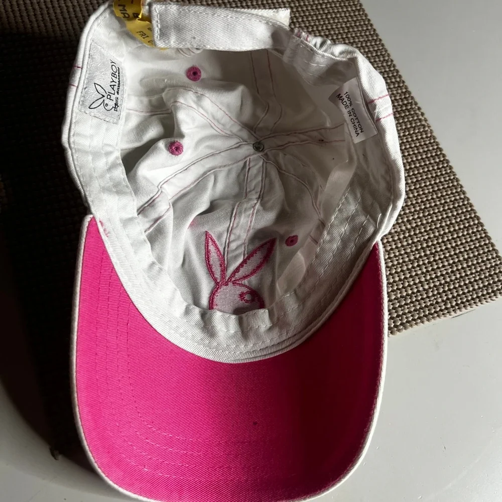 Playboy White Pink Bunny Logo Contrast Stitch Baseball Hat Adjustable Cap